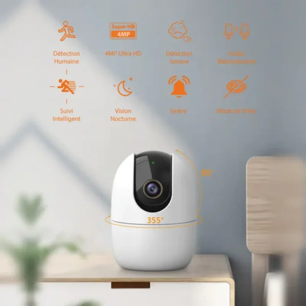 Caméra IP Wi-Fi Intérieure Motorisée 4MP – 355°, Audio, Suivi Intelligent